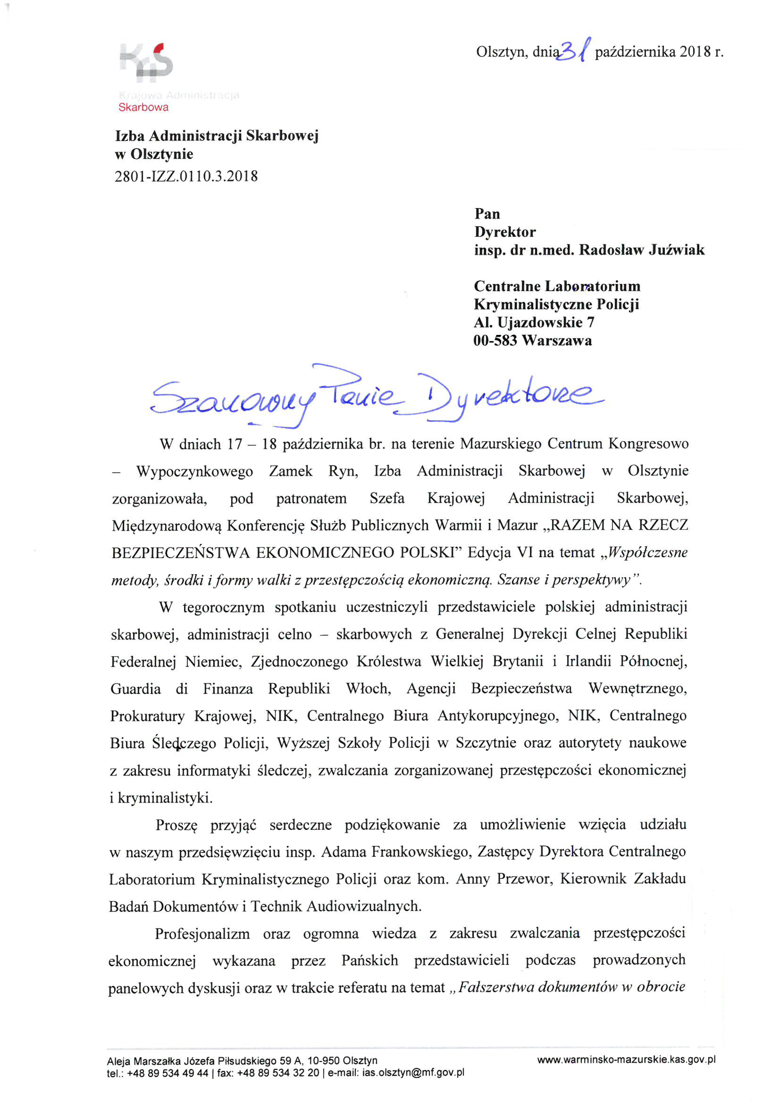 Odwołanie Do Dyrektora Przedszkola Wzór Podziękowanie od Dyrektora Izby Administracji Skarbowej w Olsztynie