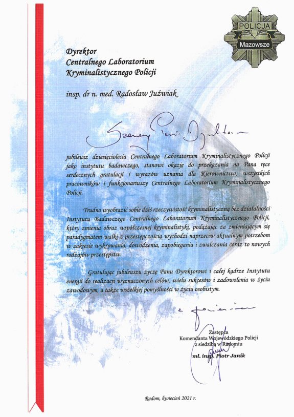 w załączniku dostępne cyfrowo życzenia jubileuszowe dla CLKP od Zastępcy Komendanta Wojewódzkiego Policji z siedzibą w Radomiu