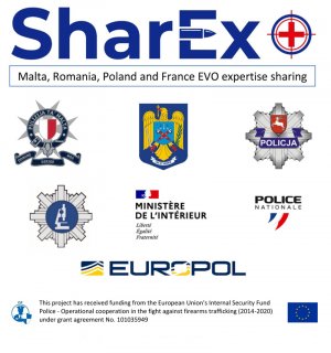 logo projektu ShareEXPlus oraz logotypy beneficjentów: Policji Maltańskiej, Policji Rumuńskiej, Komendy Wojewódzkiej Policji w Lublinie i Centralnego Laboratorium Kryminalistycznego Policji