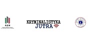 od lewej logo Akademii Górniczo Hutniczej, na środku napis Kryminalistyka Jutra, z prawej logo Laboratorium Kryminalistycznego KWP w Krakowie.