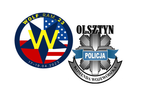 Zdjęcie przedstawia logo Ćwiczeń WOL-FRAM 23 oraz logo Komendy Wojewódzkiej Policji w Olsztynie.