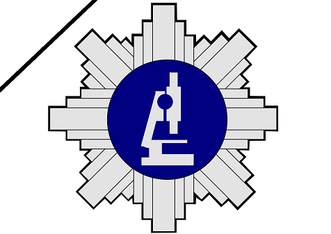 Logo Centralnego Laboratorium Kryminalistycznego Policji oznaczone czarną wstęgą żałobną w lewym górnym narożniku.