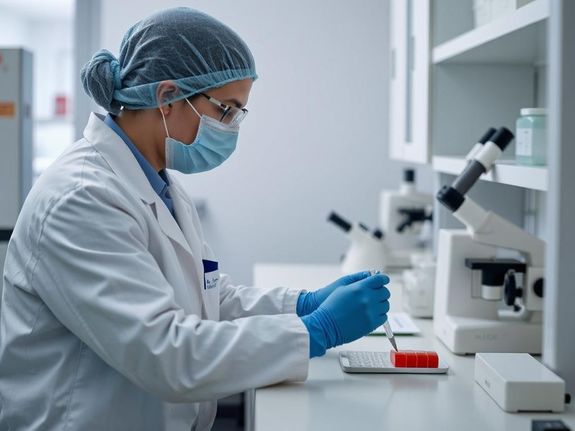Zdjęcie przedstawia pracownika Centralnego Laboratorium Kryminalistycznego Policji ubranego w biały fartuch i w maseczce, który prowadzi badania patrząc przez mikroskop.